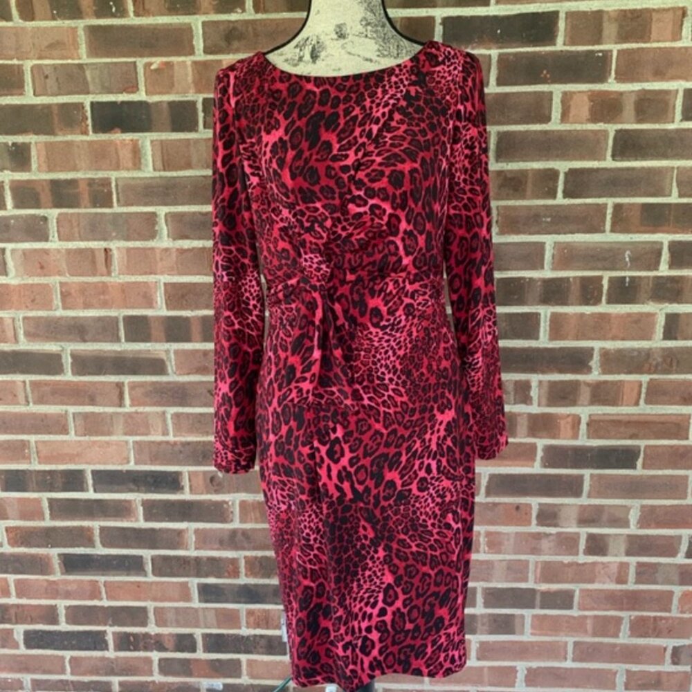 David Meister ~ Red leopard print sheath dress knot detail